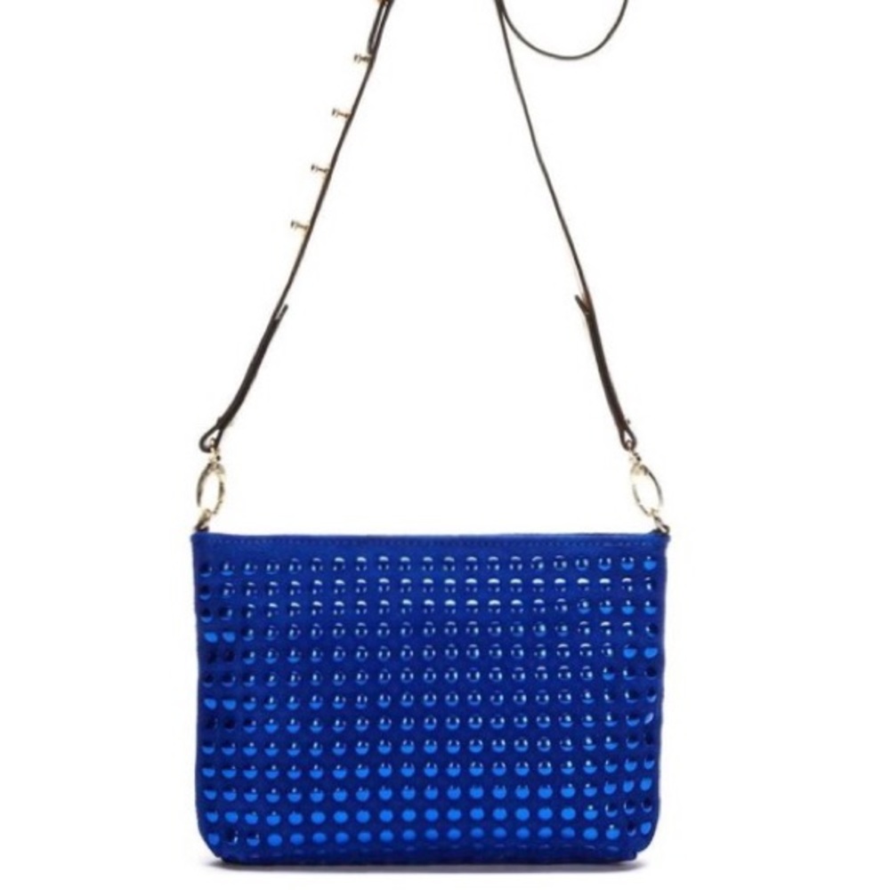 new Kelsi Dagger 𒊹 Cicely Suede Crossbody Bag 𒊹 Cobalt Blue Metallic Dots 𒊹 - Picture 13 of 16